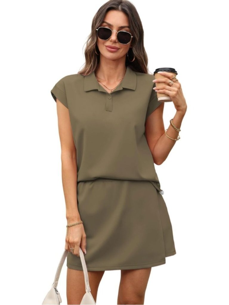 Women Coffee Brown 2 Pcs Skirt Set Builtin Shorts Drawstring Waist Summer Outfit